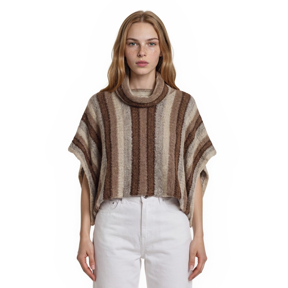Lucky Brand Poncho Sweater Women's One Size Brown Striped Cowl Neck Sequin